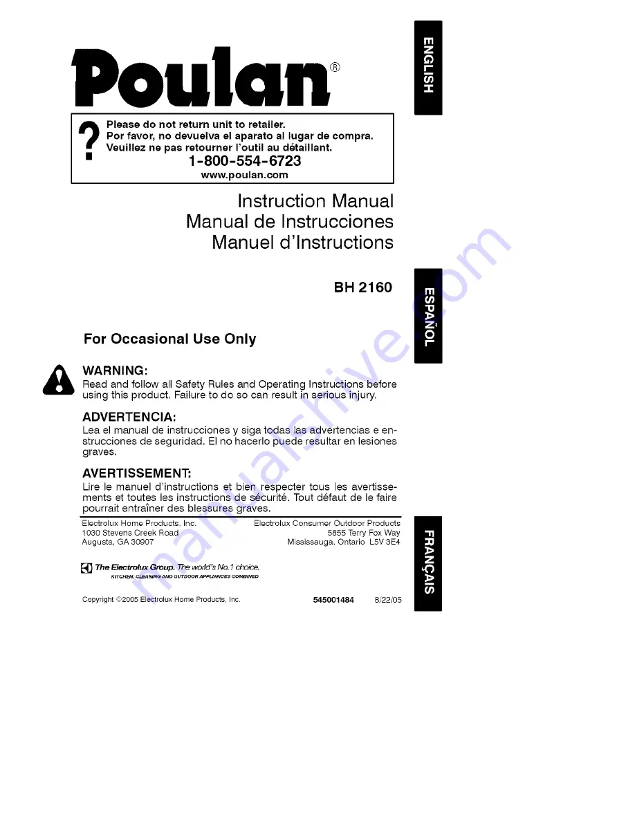 Poulan Pro BH2160 Instruction Manual Download Page 1