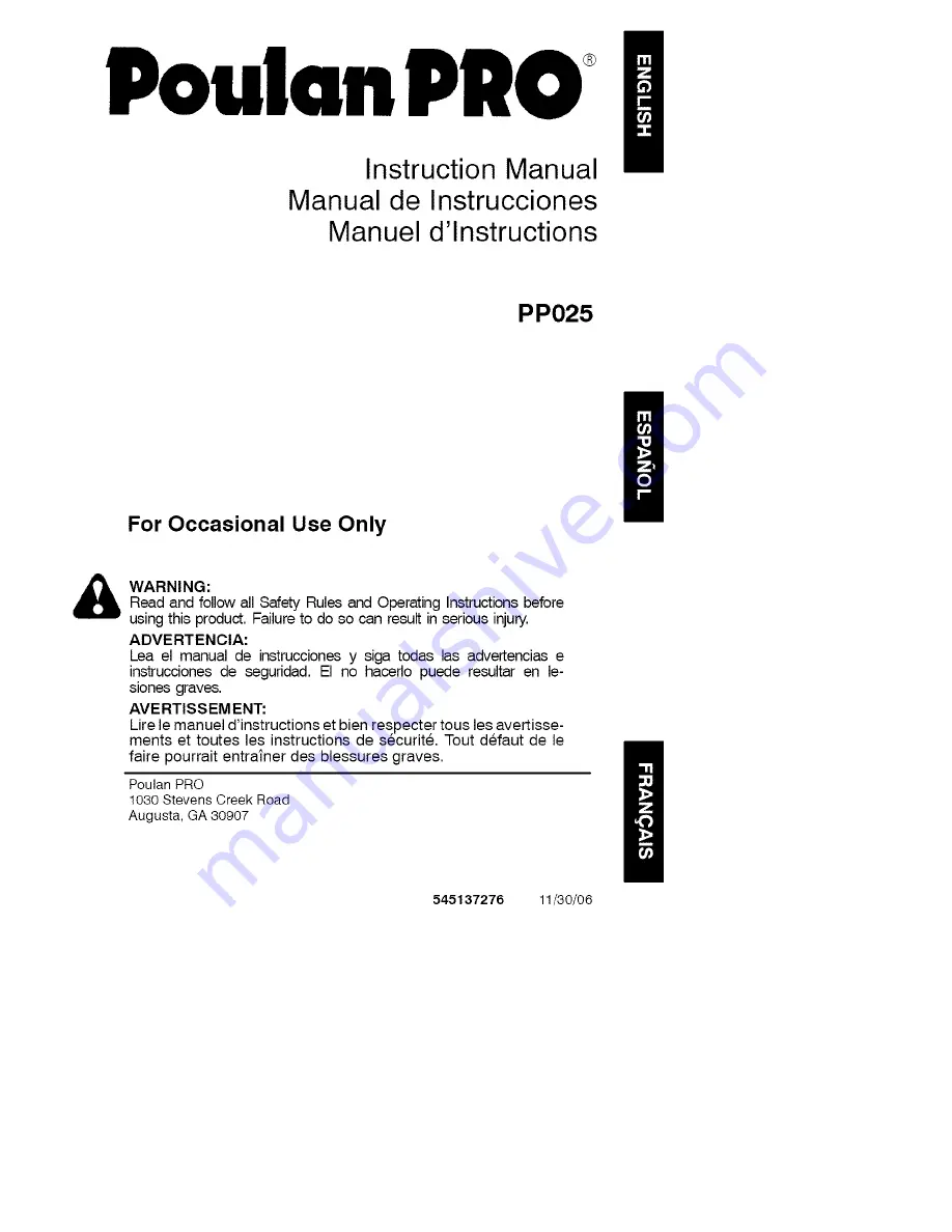 Poulan Pro PP025 Instruction Manual Download Page 1