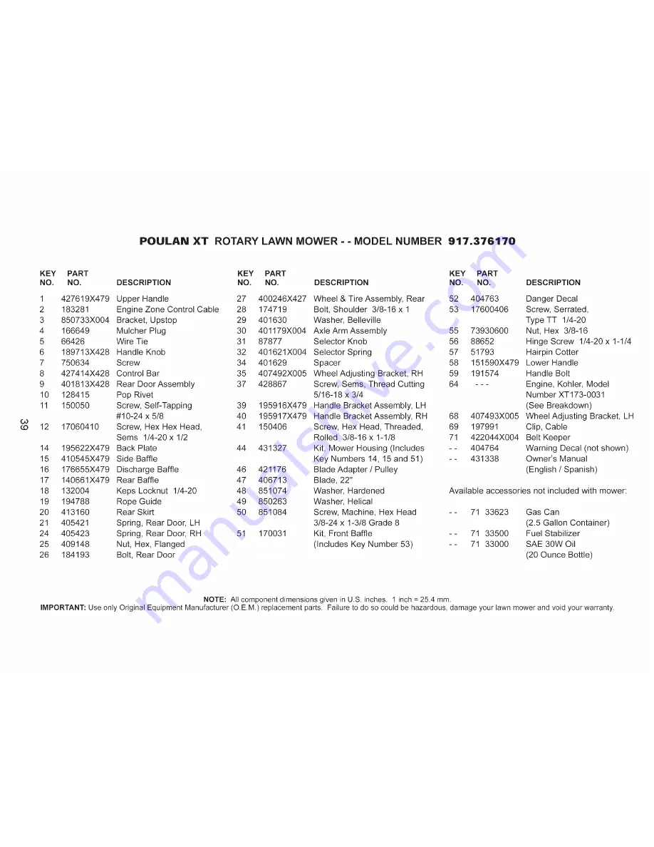 Poulan Pro XT 917.376170 Owner'S Manual Download Page 39