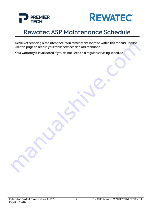 PREMIER TECH ASP06 Owner'S Manual And Installation Manual Download Page 7