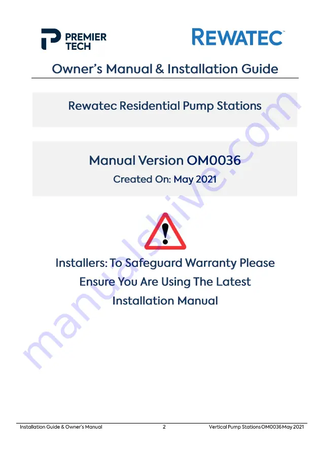 PREMIER TECH Rewatec RVPS1800 Owner'S Manual And Installation Manual Download Page 2