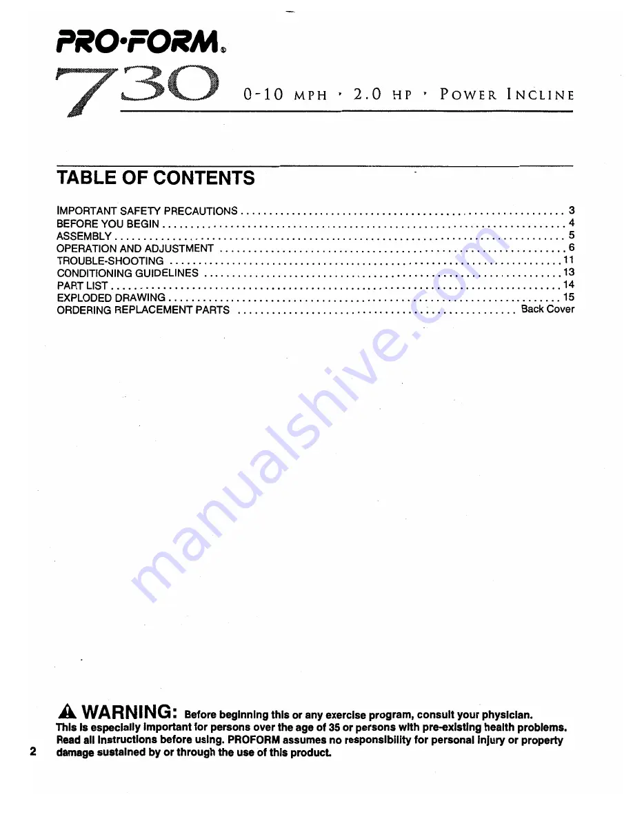 Pro-Form 730 PFTL17041 Owner'S Manual Download Page 2