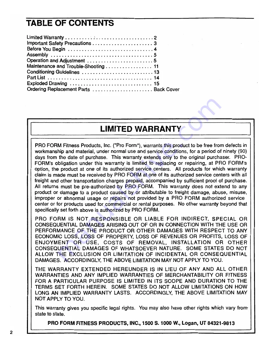 Pro-Form 826 Exp Owner'S Manual Download Page 2