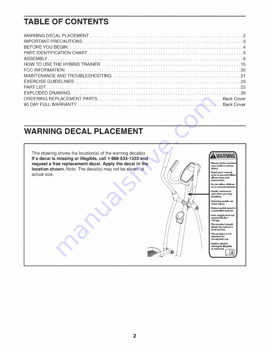 Pro-Form Hybrid Trainer 831.23880.0 User Manual Download Page 2