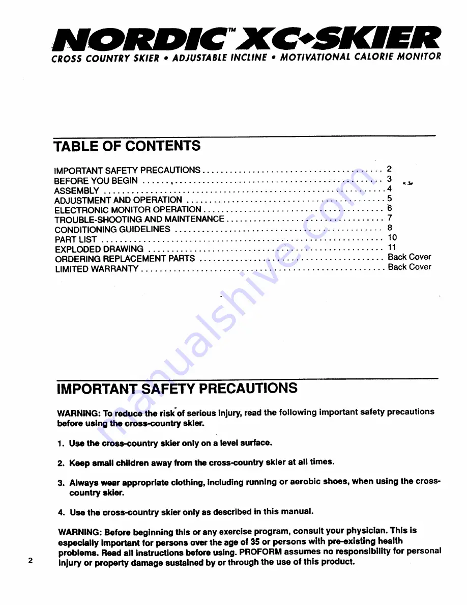 Pro-Form Nordic XC-Skier Скачать руководство пользователя страница 2