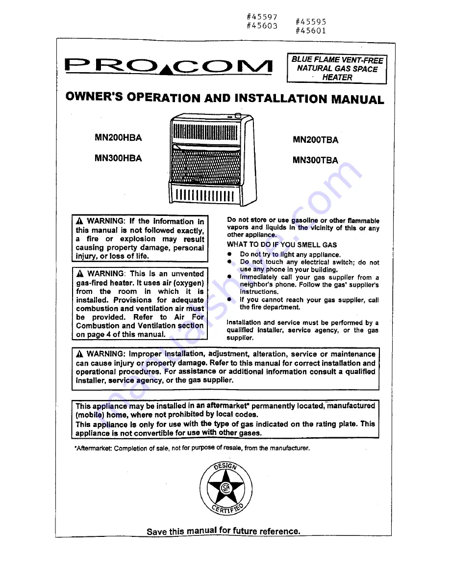 Procom MN200HBA Owner'S Operation & Installation Manual Download Page 1