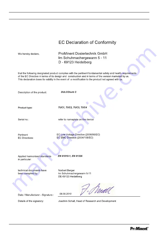 ProMinent DULCO turb C Series Assembly And Operating Instructions Manual Download Page 72