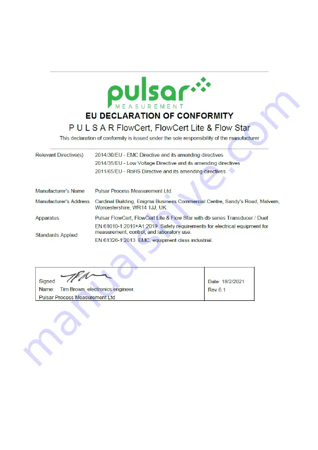 Pulsar Measurement FlowCERT Instruction Manual Download Page 14