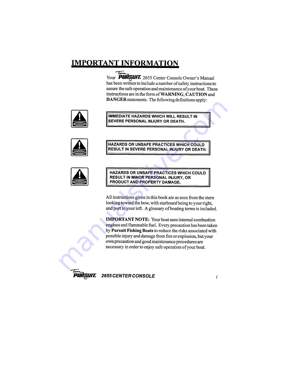 PURSUIT 2655 Center Console Owner'S Manual Download Page 3