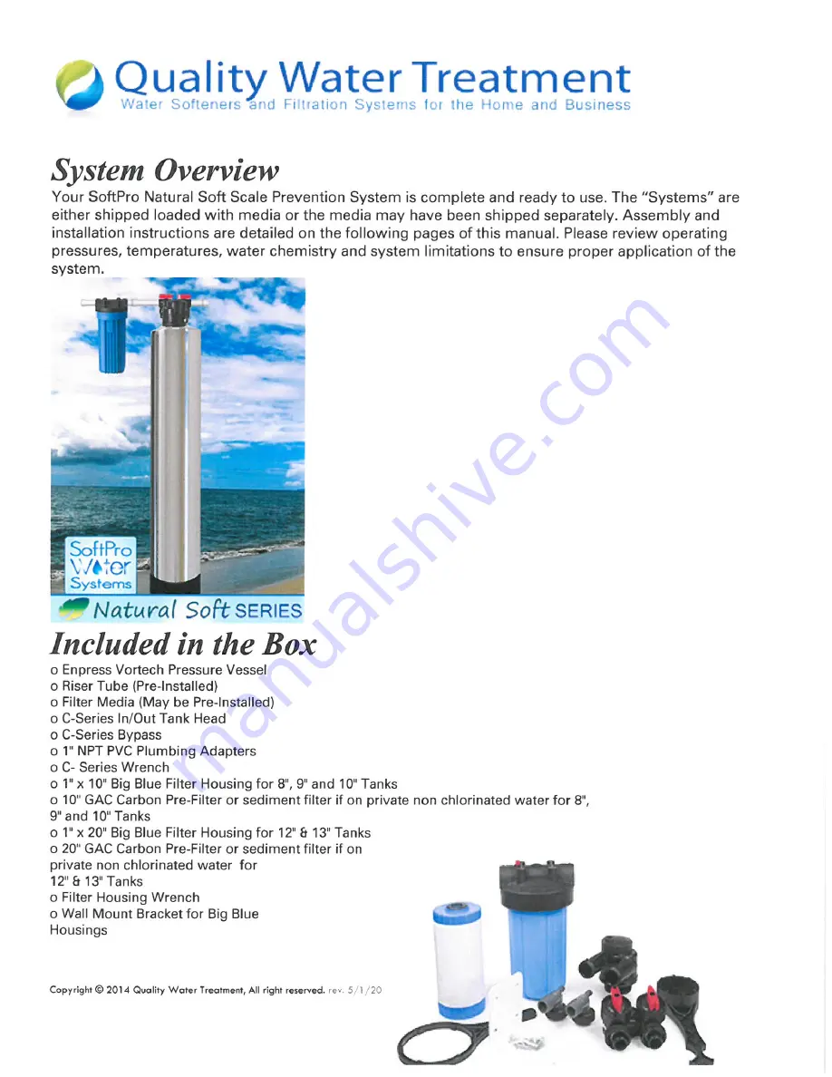 Quality Water Treatment SoftPro Natural Soft Series Installation, Operation And Maintenance Manual Download Page 4