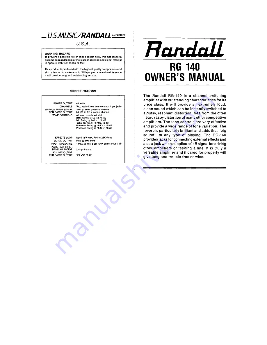 Randall RG 140 Owner'S Manual Download Page 1