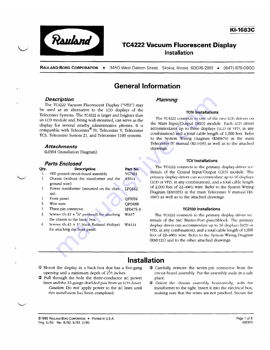 rauland TC4222 Installation Manual Download Page 1