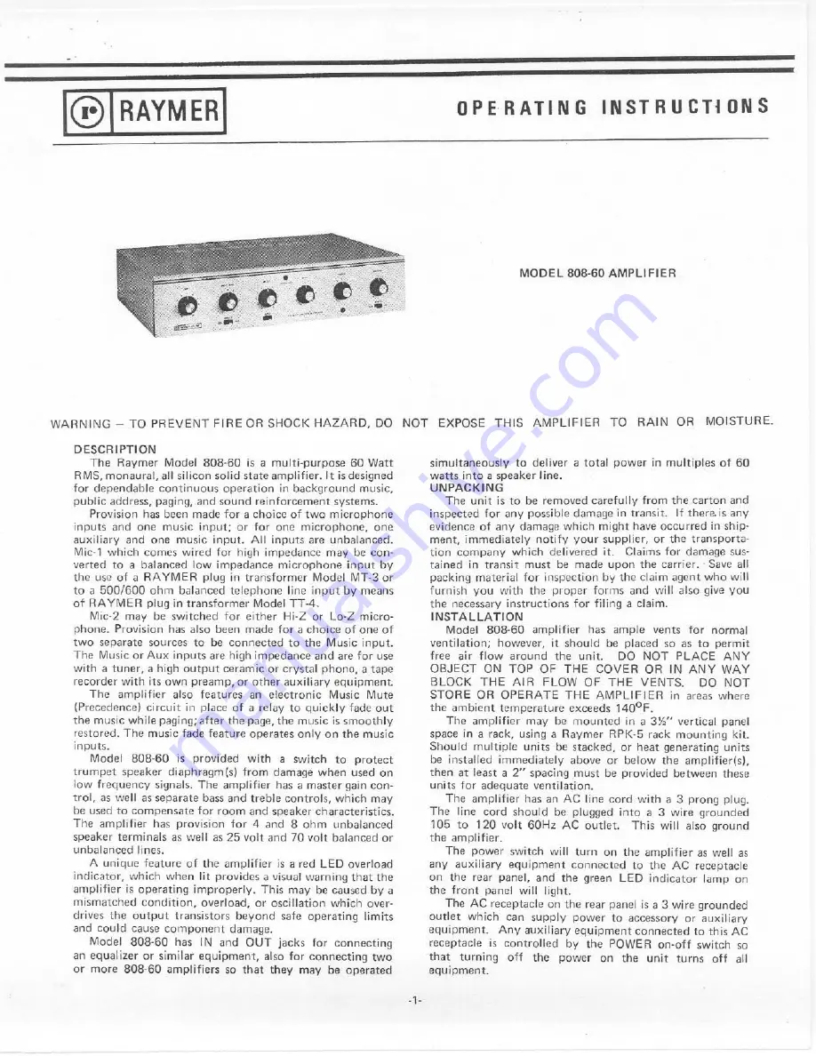 Raymer 808-60 Operating Instructions Download Page 1