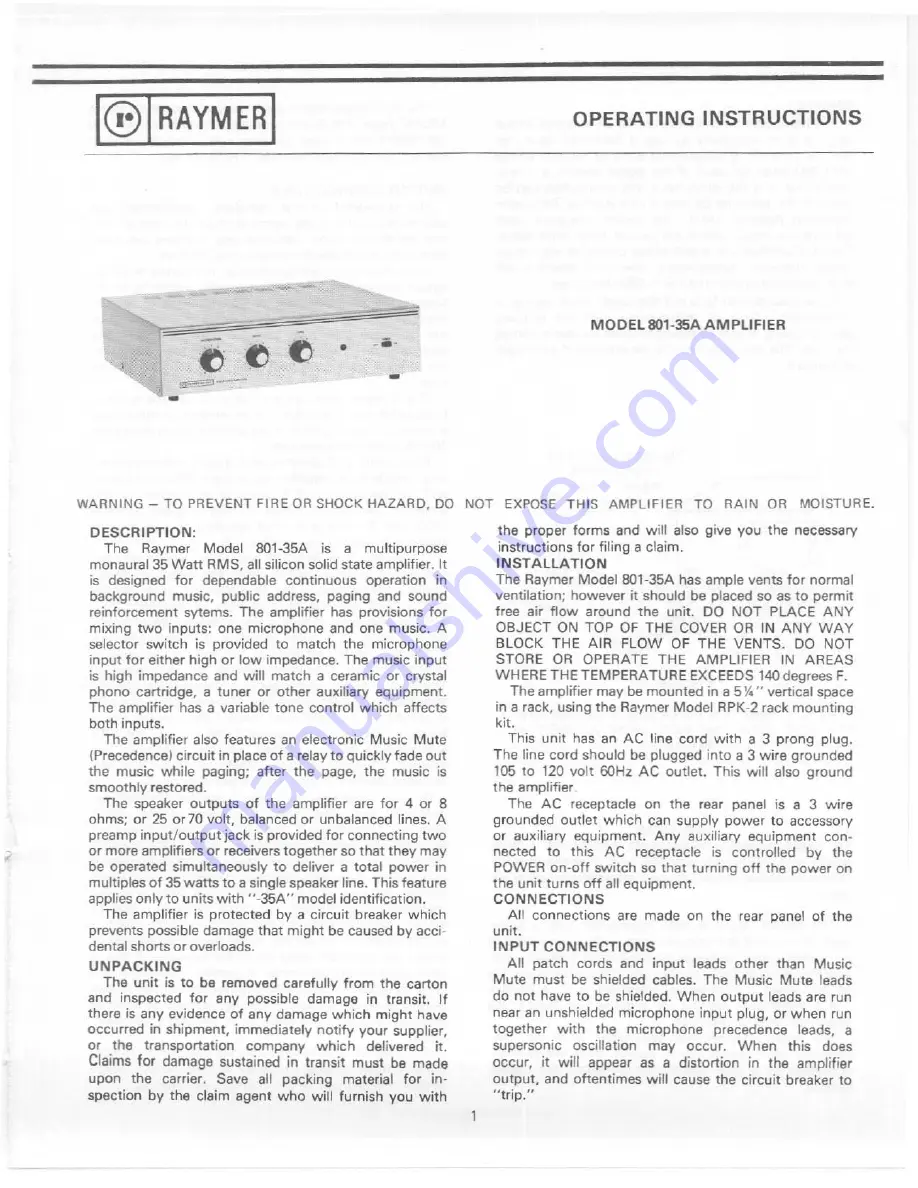 Raymer Amplifier 801-35A Operating Instructions Download Page 1