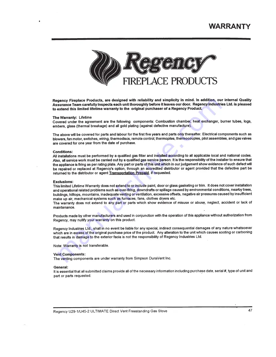 Regency Fireplace Products Ultimate U29 Owners And Installation Manual Download Page 47