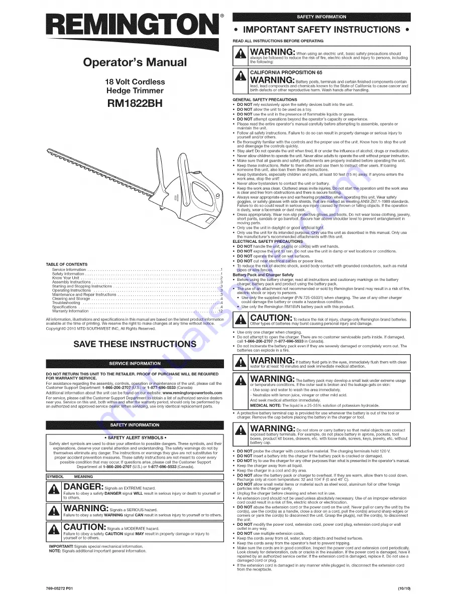 Remington RM1822BH Operator'S Manual Download Page 1