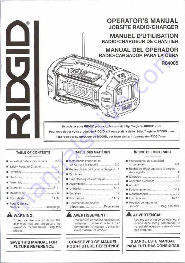 RIDGID R84085 Operator'S Manual Download Page 1