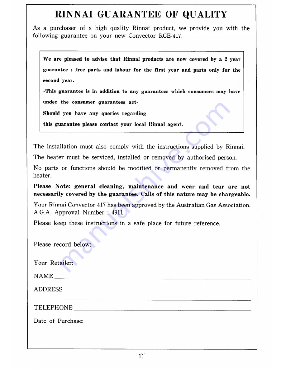 Rinnai Convector 417 Customer'S Operating Information And Installation Instructions Download Page 12