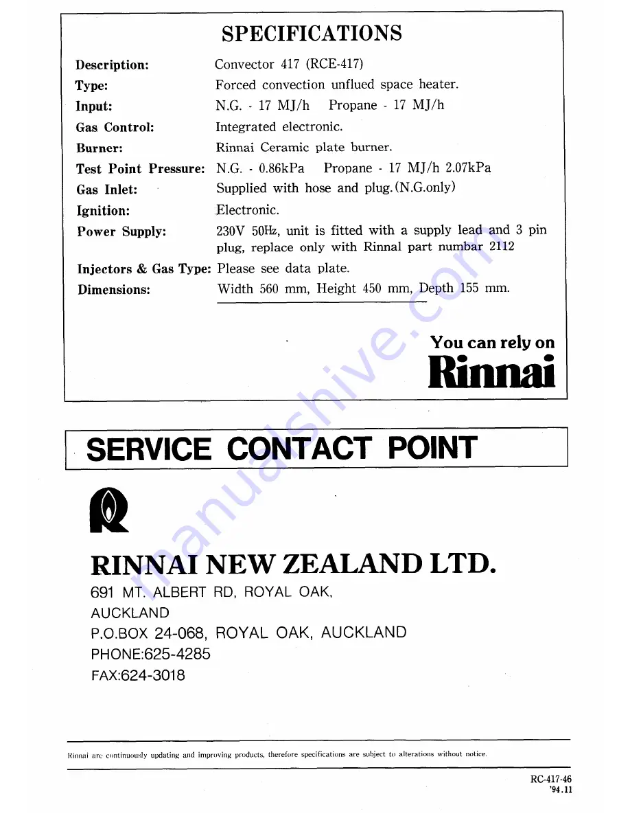 Rinnai Convector 417 Customer'S Operating Information And Installation Instructions Download Page 16