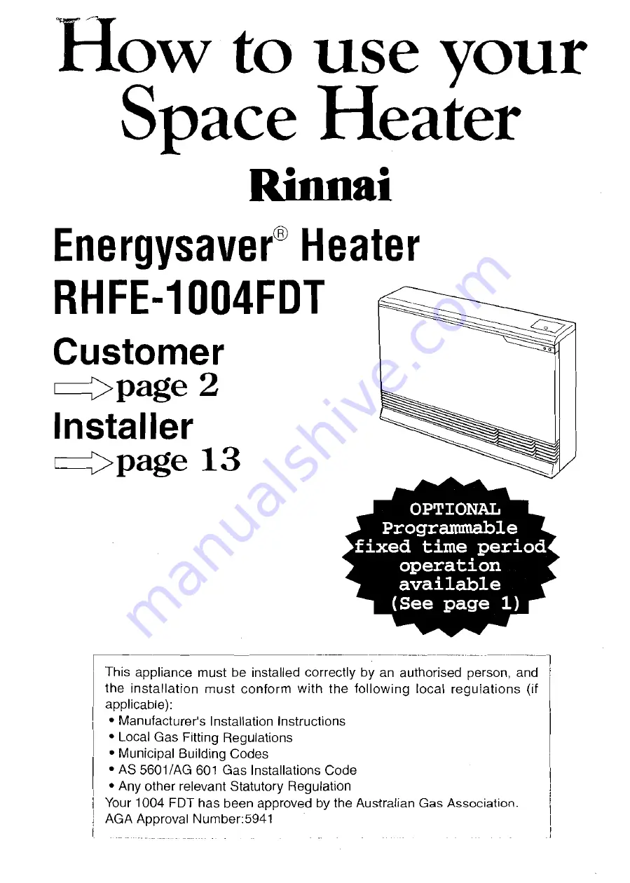 Rinnai Energysaver RHFE-1004FDT Скачать руководство пользователя страница 1