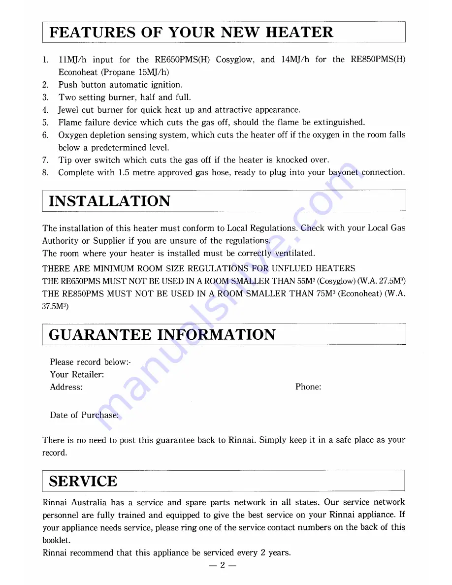 Rinnai RE650PMH Operating Information And Installation Instructions Download Page 3