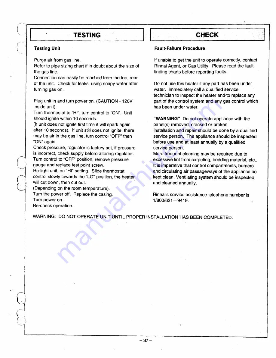 Rinnai RHFE-556FA Owner'S Operation And Installation Manual Download Page 39