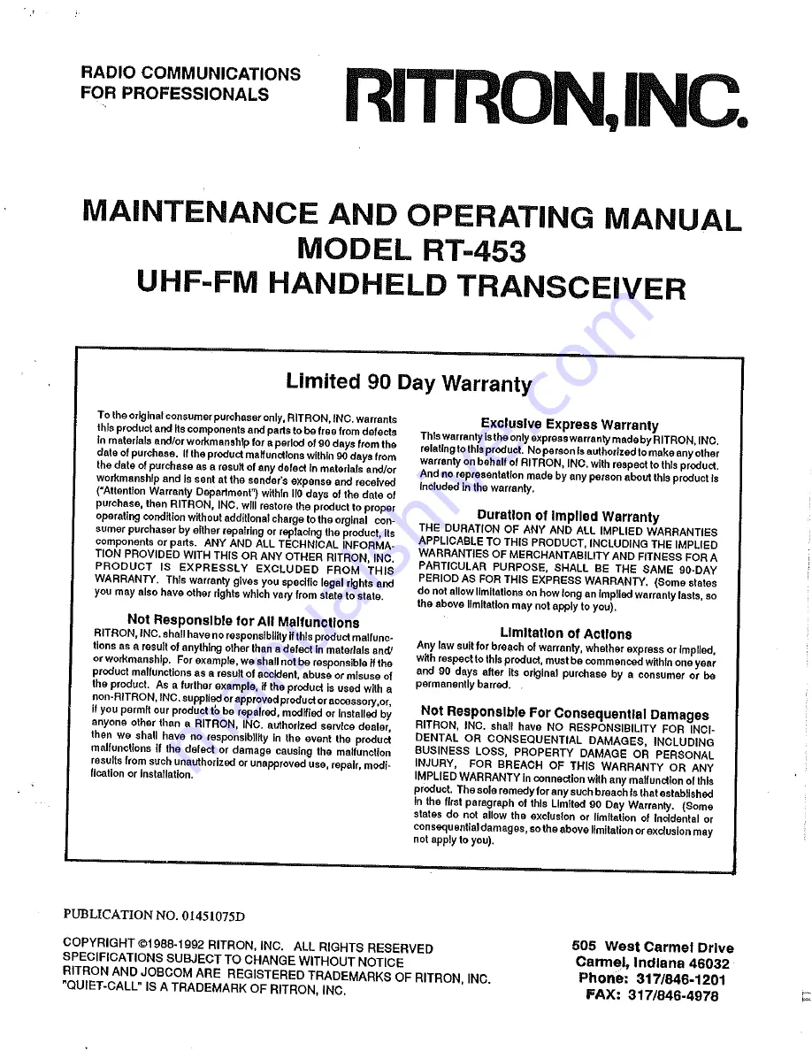 Ritron RT-453 Maintenance And Operating Manual Download Page 1