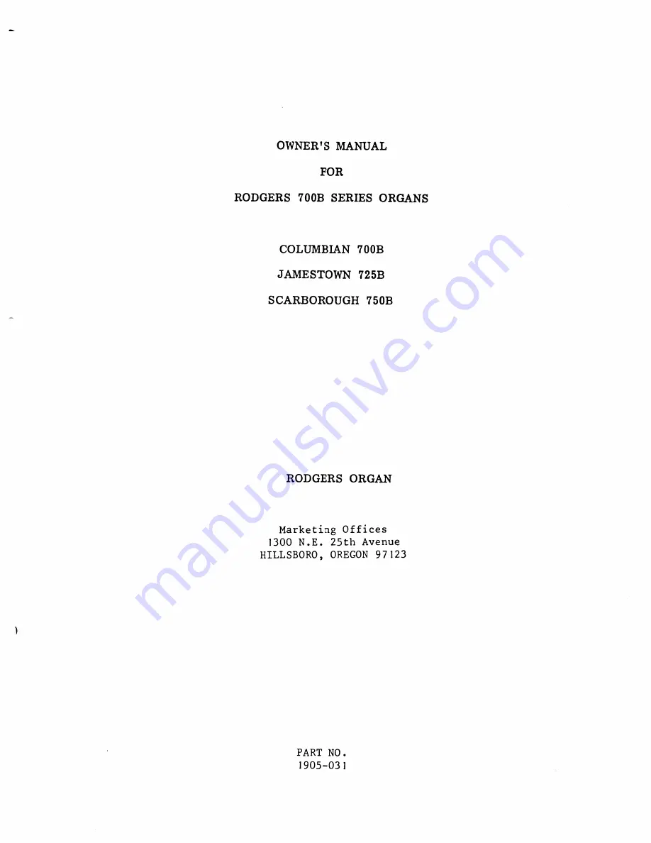 Rodgers Organ Company Columbian 700B Owner'S Manual Download Page 1