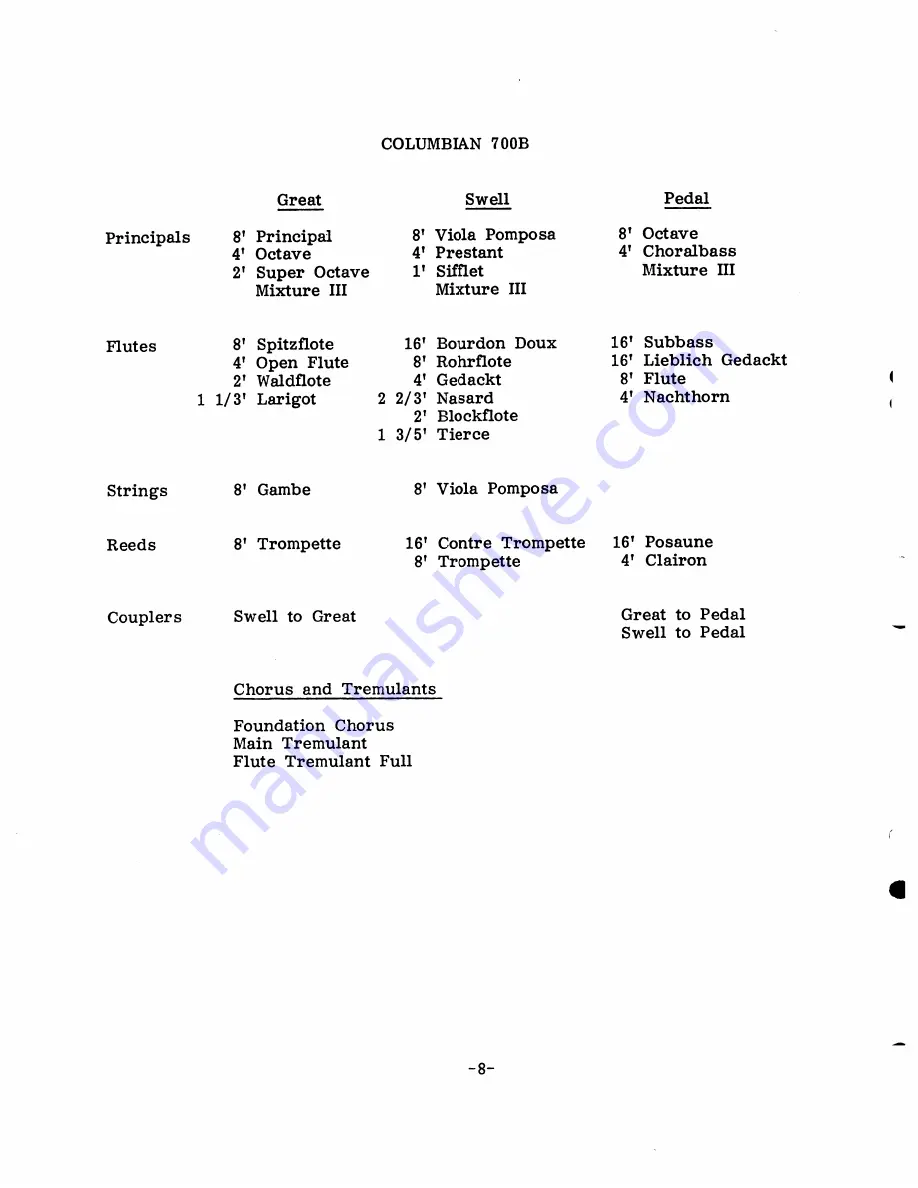 Rodgers Organ Company Columbian 700B Owner'S Manual Download Page 12