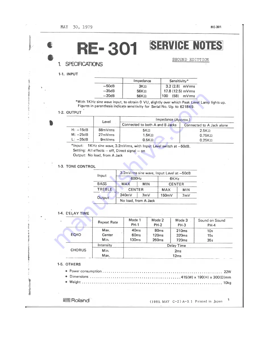 Roland Chorus echo RE-301 Service Notes Download Page 1