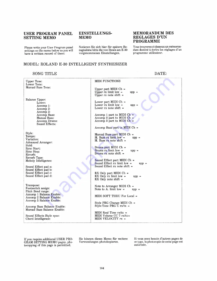 Roland E-30 Owner'S Manual Download Page 104