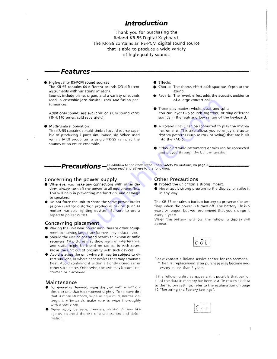 Roland KR-55 Owner'S Manual Download Page 3