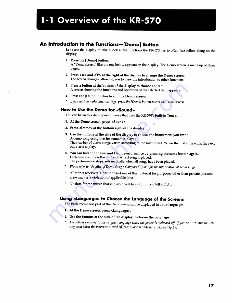 Roland KR-570 Owner'S Manual Download Page 17