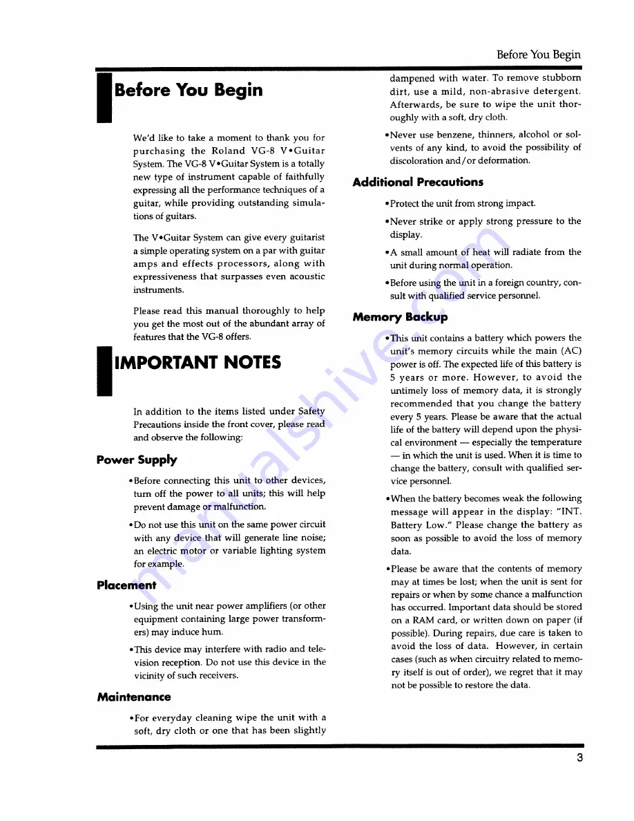 Roland V-Guitar System VG-8 Owner'S Manual Download Page 5