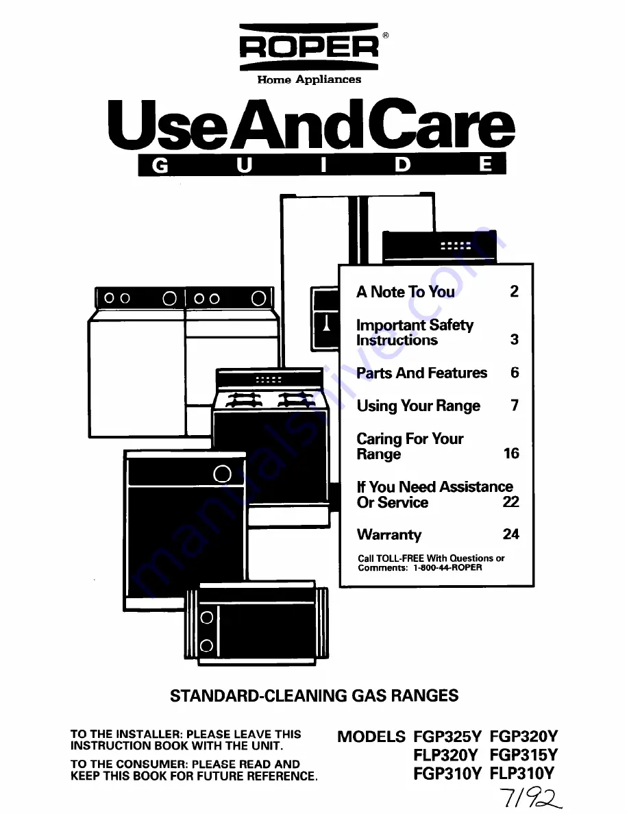 Roper FGP310Y Use And Care Manual Download Page 1