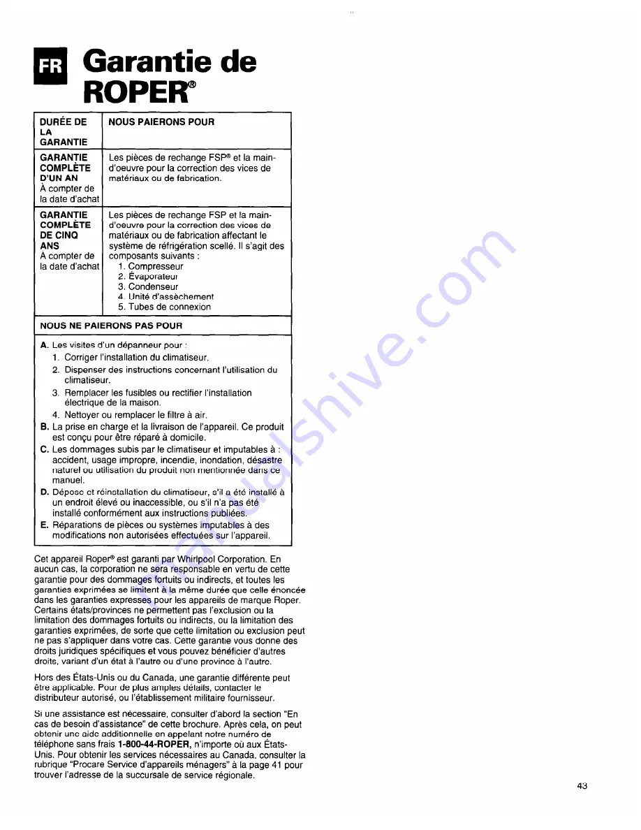 Roper Roper X18004D00 Installation & User Manual Download Page 43