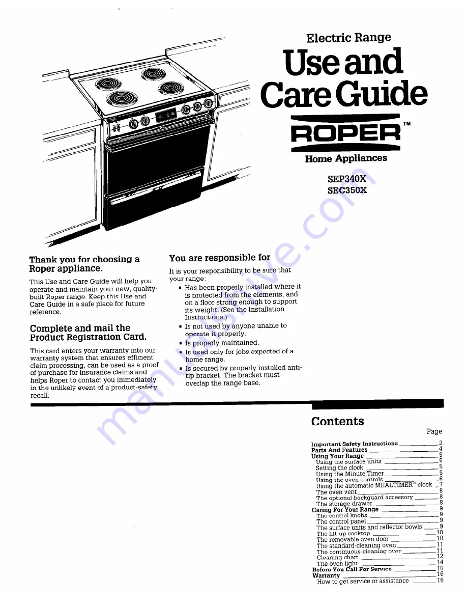 Roper SEC350X Use And Care Manual Download Page 1