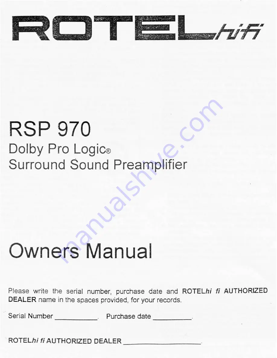 Rotel Dolby Pro Logic Surround Pream Owner'S Manual Download Page 1