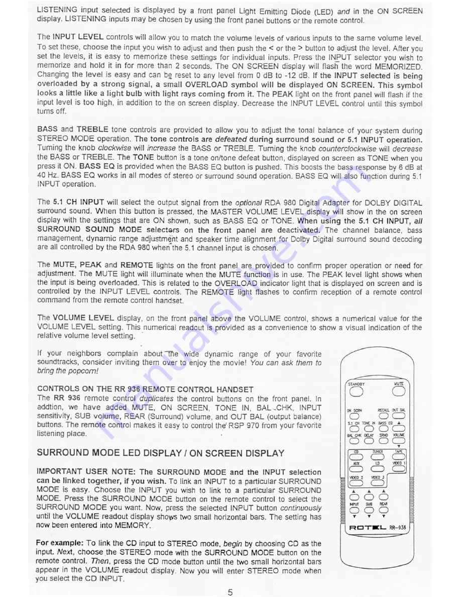 Rotel Dolby Pro Logic Surround Pream Owner'S Manual Download Page 6