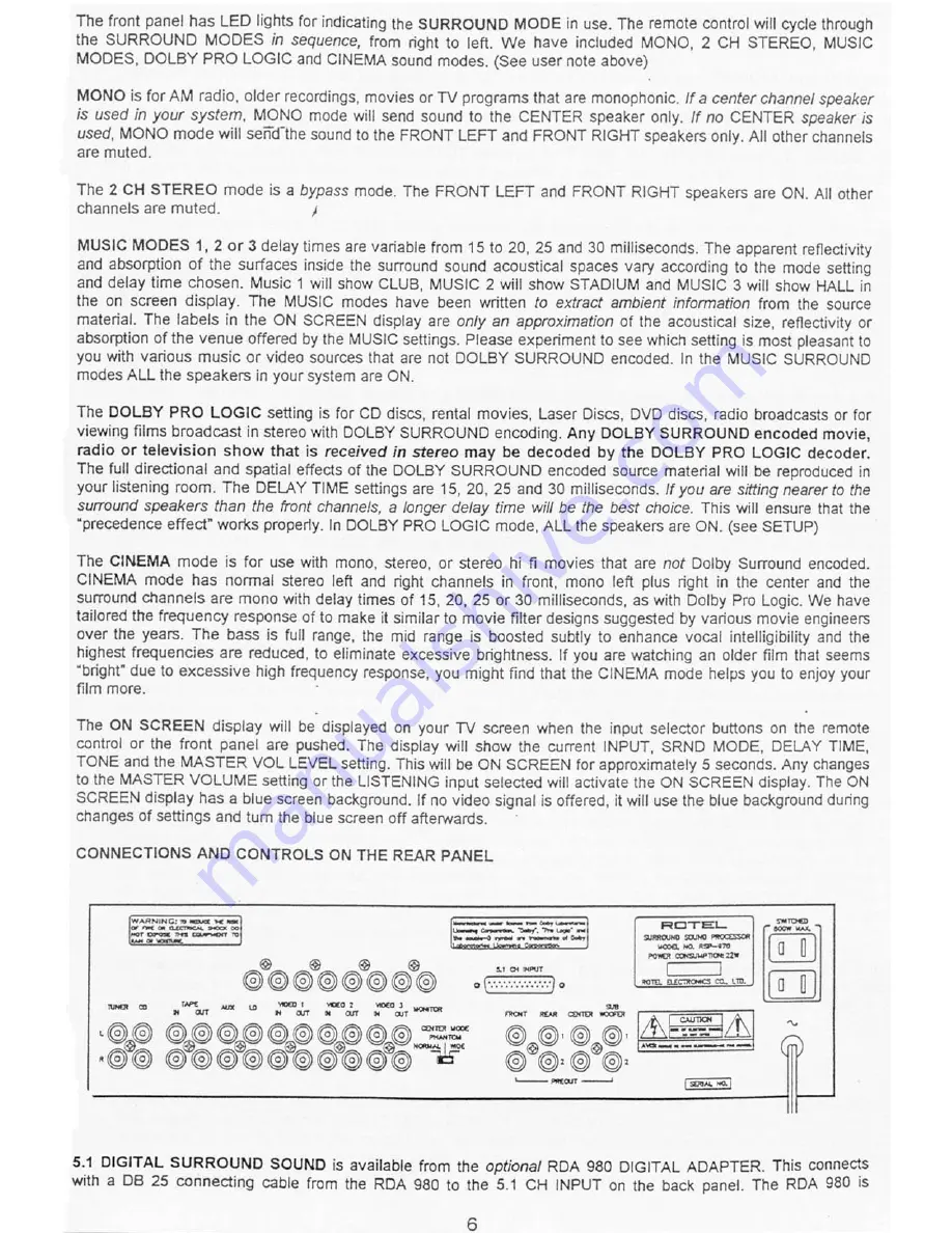 Rotel Dolby Pro Logic Surround Pream Owner'S Manual Download Page 7