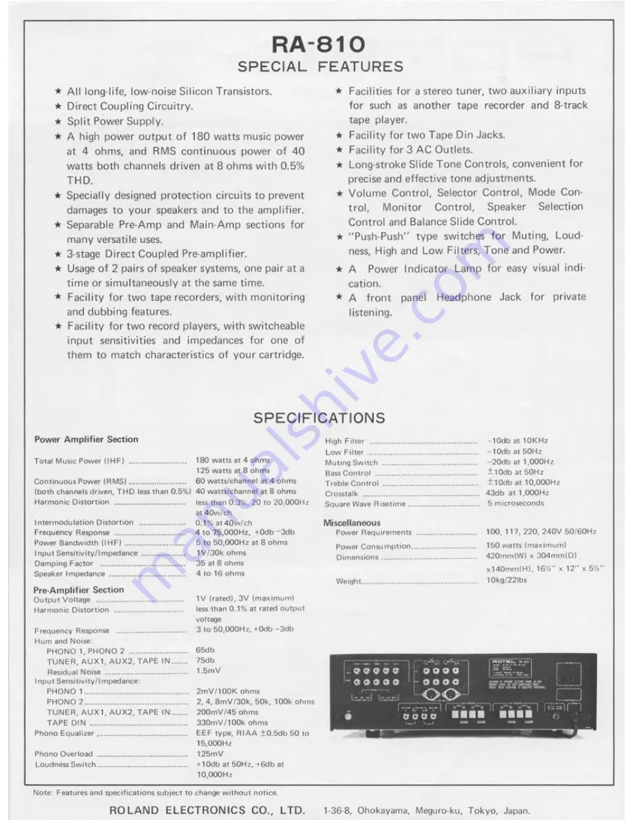 Rotel RA-810 Brochure & Specs Download Page 2