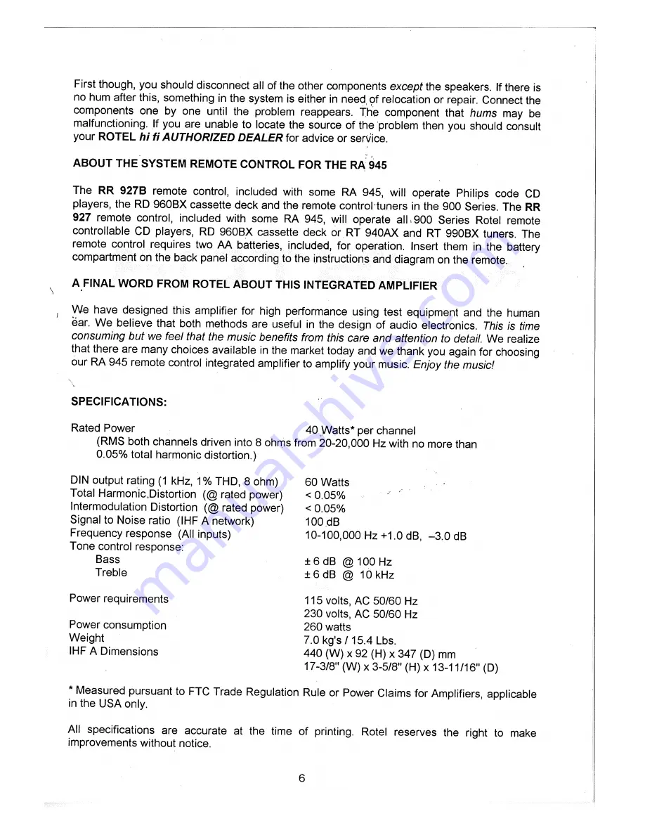 Rotel RA 945 Owner'S Manual Download Page 7