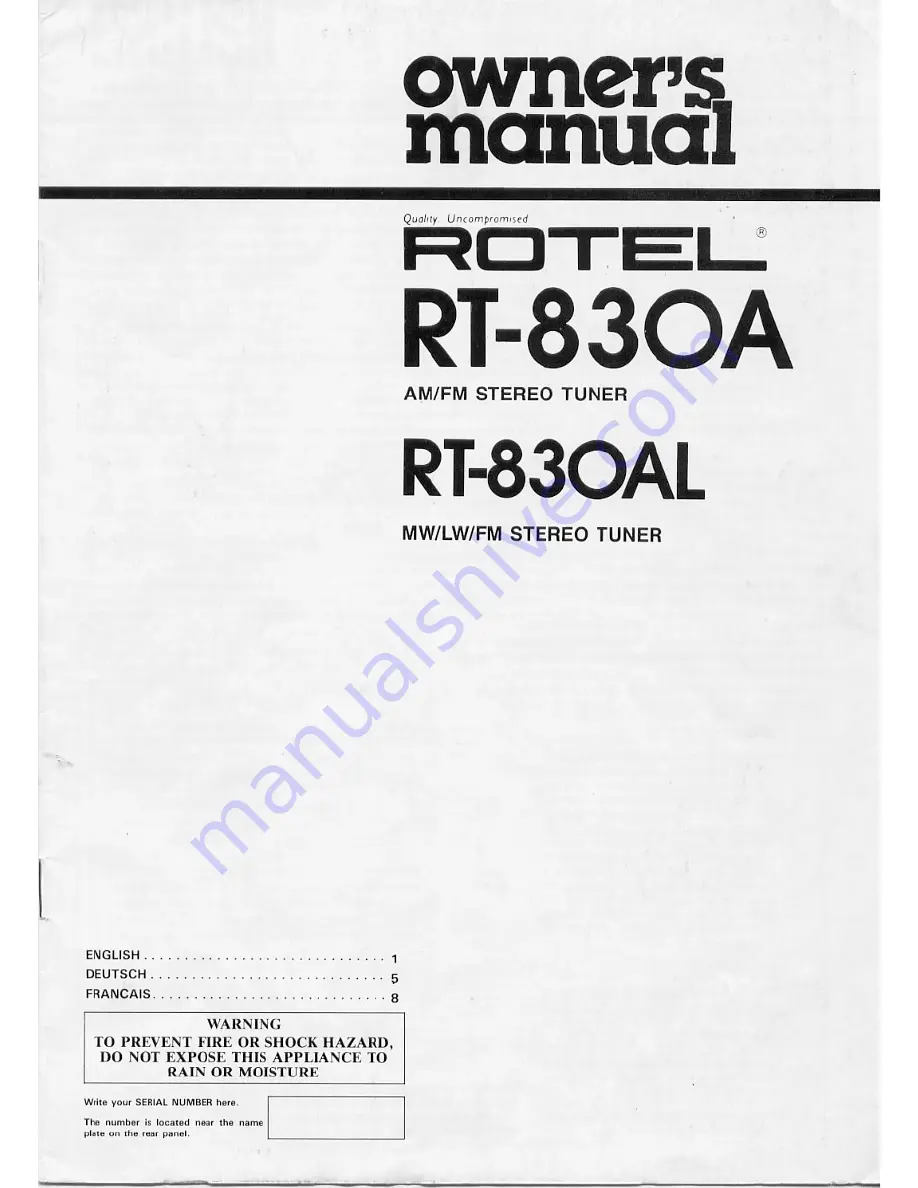 Rotel RT-830A Owner'S Manual Download Page 1