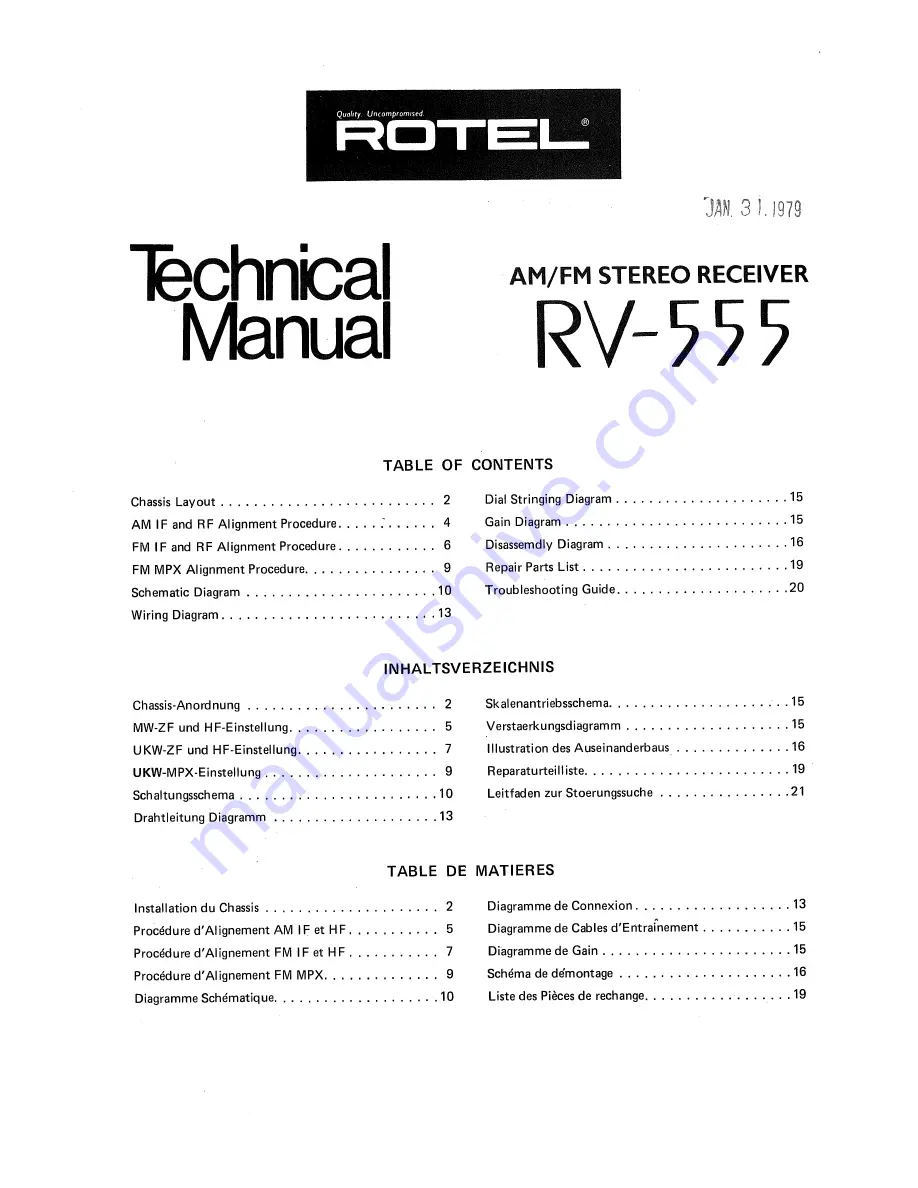 Rotel RV-555 Technical Manual Download Page 1