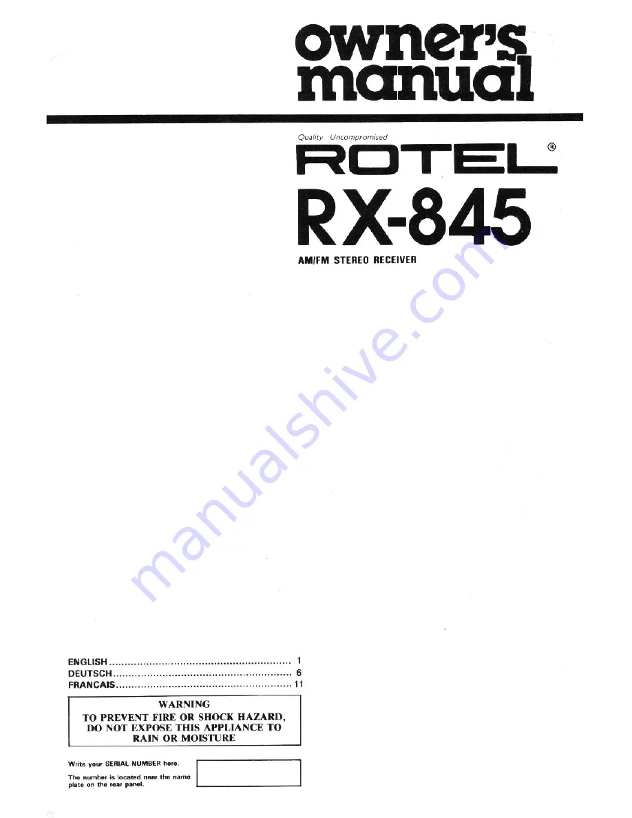 Rotel RX-845 Owner'S Manual Download Page 1