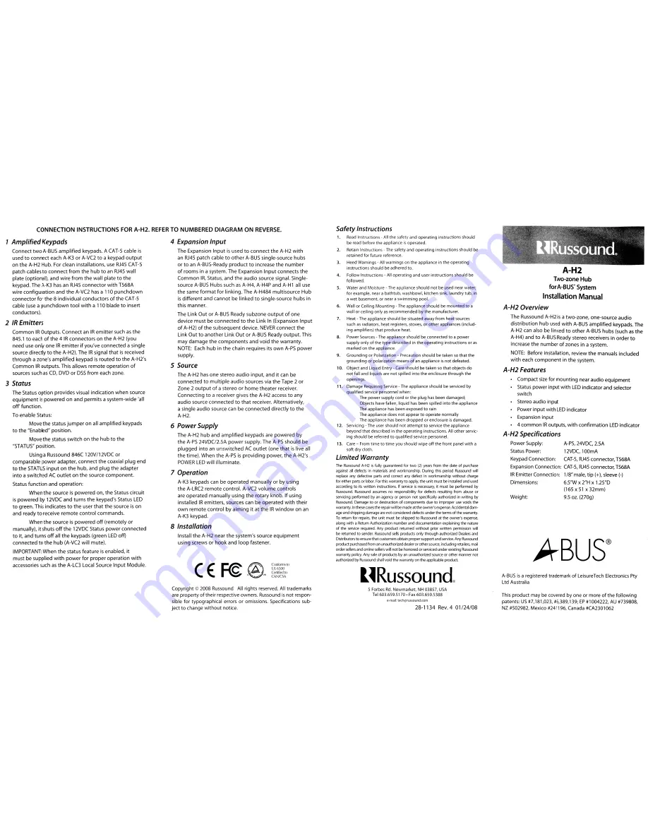 Russound A-H2 Installation Manual Download Page 1