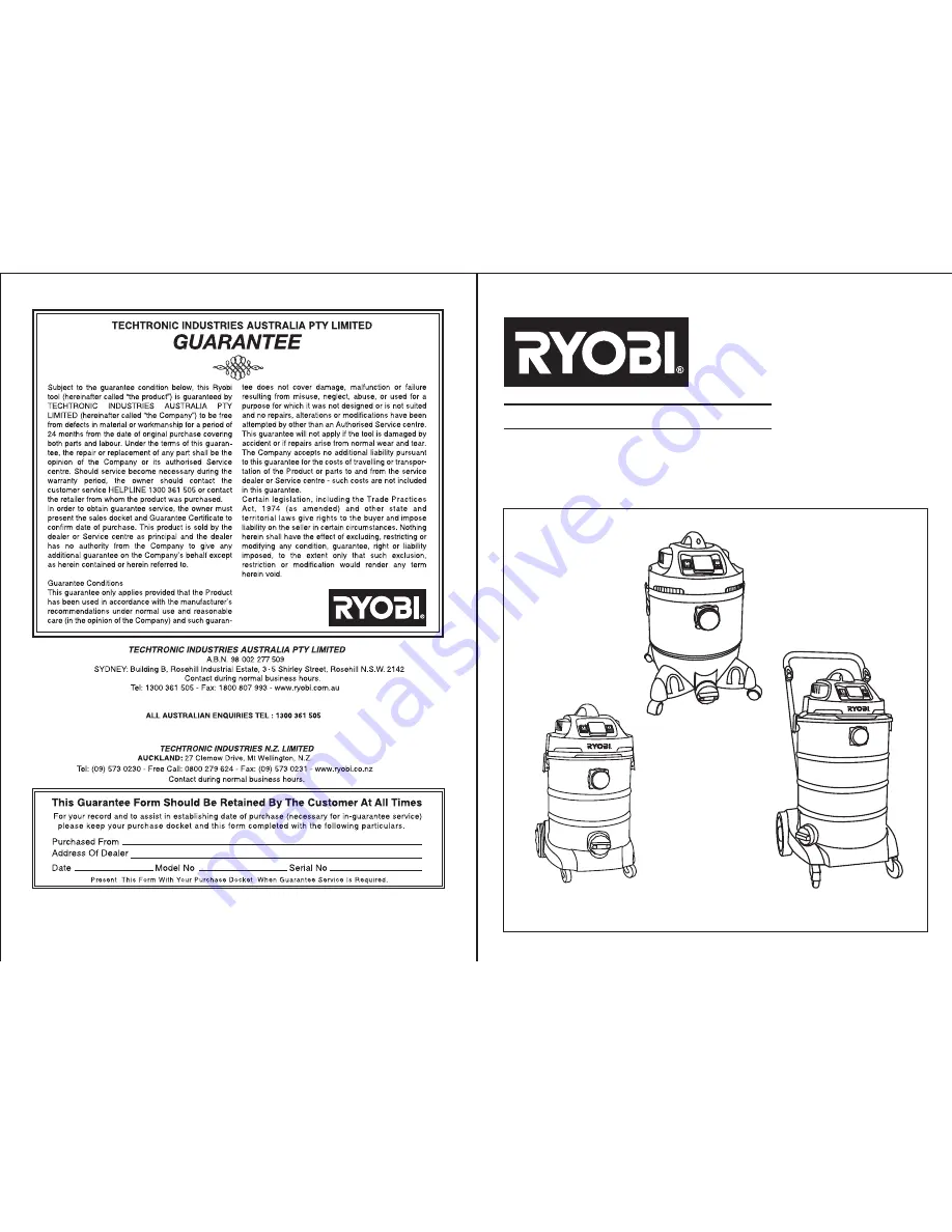 Ryobi VC30A Owner'S Operating Manual Download Page 1