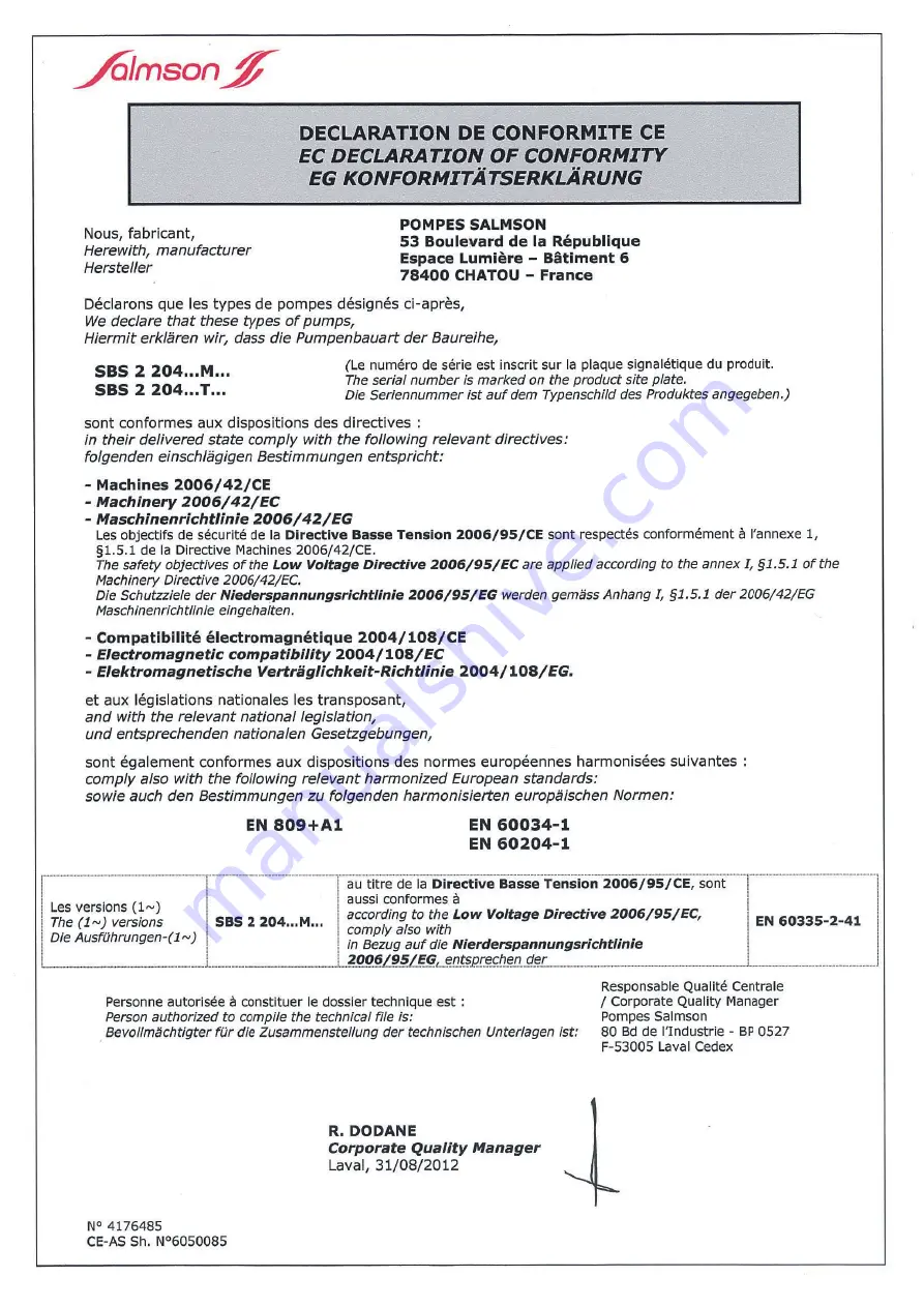 salmson SBS 2-204 Installation And Starting Instructions Download Page 2