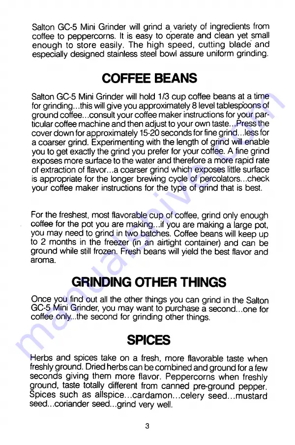 Salton GC-5 Mini Grinder Owner'S Manual Download Page 3