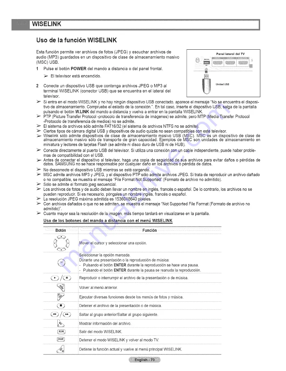 Samsung HL67A750A1FXZA Manual Del Usuario Download Page 70